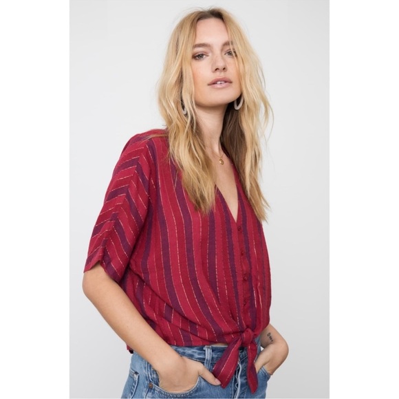 Rails Thea Rouge Stripe Red Metallic Tie Front Crop Top XS - Picture 1 of 11